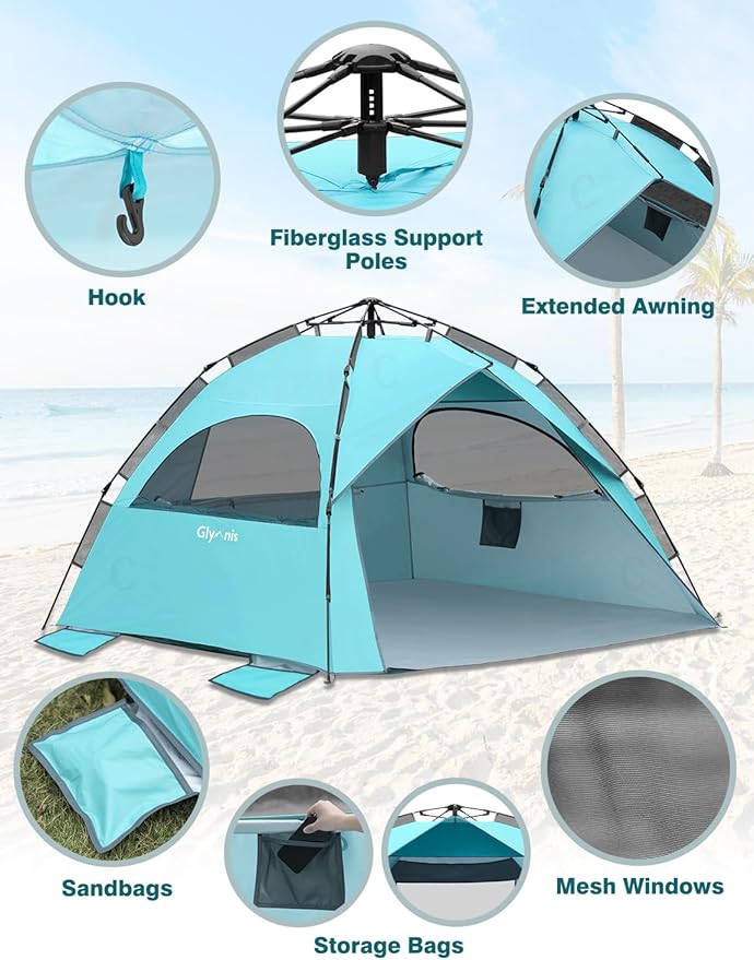 Glymnis Pop Up Beach Tent Sun Shade Shelter for 4 Person Portable Automatic Hydraulic Beach Tent with UPF 50+ Lightweight &amp Vent Windows Easy Setup for Family Picnic