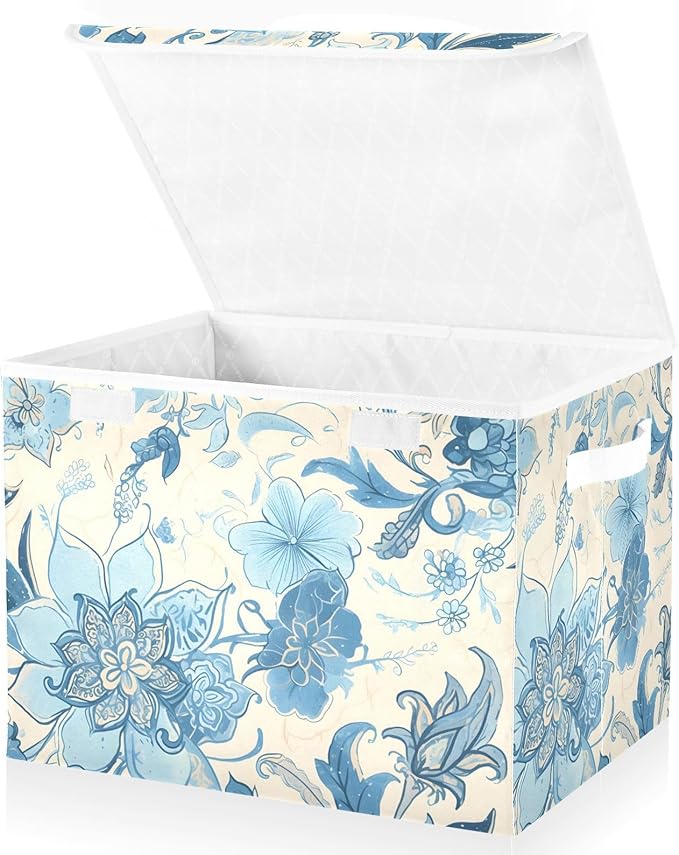 Blue Line Flowers Lidded Storage Bins with Handles - 16.5x12.6x11.8 Foldable Organizing Box Oxford Fabric &amp Honeycomb Board Dust-Proof Flip Lid for Closet/Office