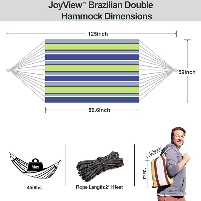 JoyView Brazilian Double Hammock with Hanging Ropes Extra Large 86.6x59” Portable Cotton Hammock for Patio Backyard Porch 450LBS Weight Capacity Perfect for Outdoor/Indoor - Blue &amp Green Stripes