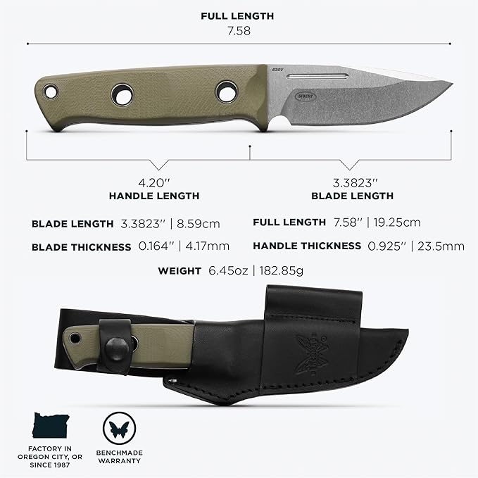 Benchmade - Mini Bushcrafter Outdoor Survival Knife with OD Green G10 Handle (165-1)