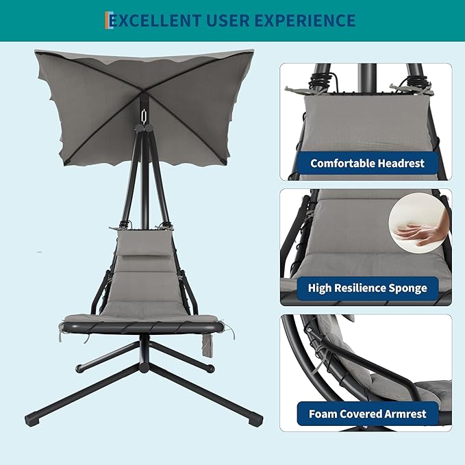 GarveeLife Chaise Lounger Swing Chair with Umbrella Canopy Patio Hanging Chaise Lounger Chair with Stand Curved Steel Outdoor Lounge Chairs for Indoor Patio Pool Garden Backyard Porch