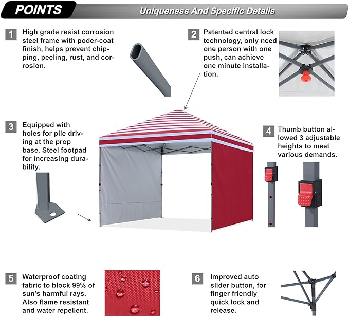 ABCCANOPY Easy Pop up Canopy Tent with 2 Sidewalls for Outdoor Sun Blocking or Rain Protection10x10 Red Stripes