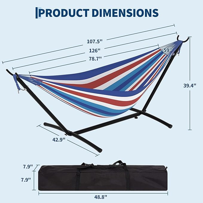 Double Hammock with Stand Hammock Wih Space Saving Steel Stand and Carrying Case 2 Person 450 Lb Capacity for Indoor Outdoor Patio Yard