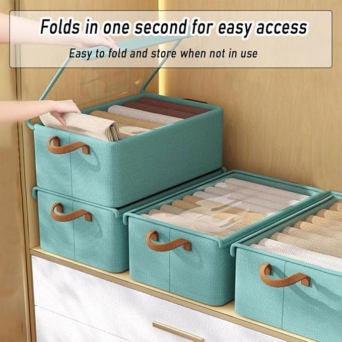 4PCS Foldable Storage Box with Lid - Extra Large Fabric Closet Organizer for Clothes 18.5x11x7.9 Inch Canvas Bin Collapsible Design for Bedroom Shelf Closet Underbed (Green)