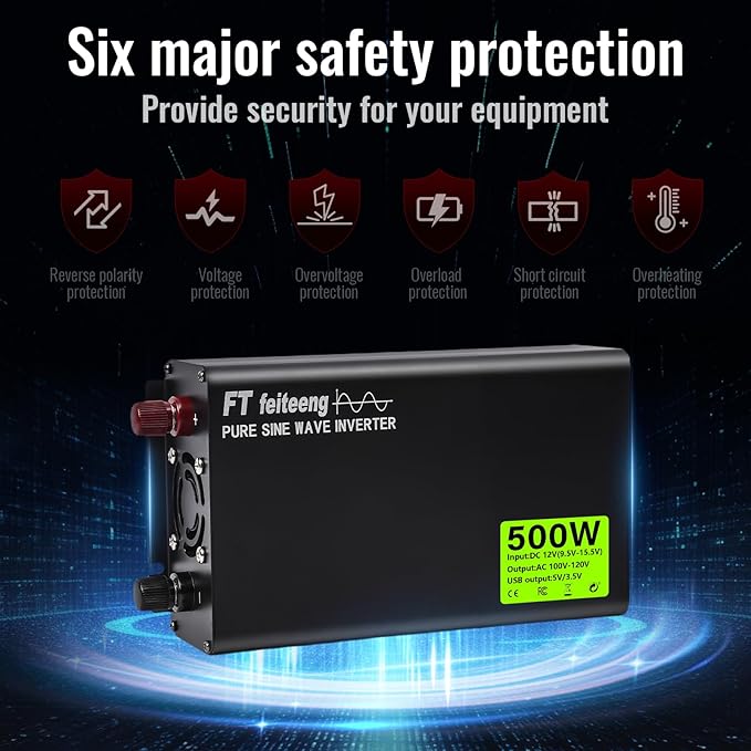 500w Inverter 12v Dc to 110v/120v Ac Car Power Inverter 2 Ac Outlets and Display Includes 5v 3.4a USB Port Suitable for Vehicles/Rv/Home/Camping with 1000w Surge Protection