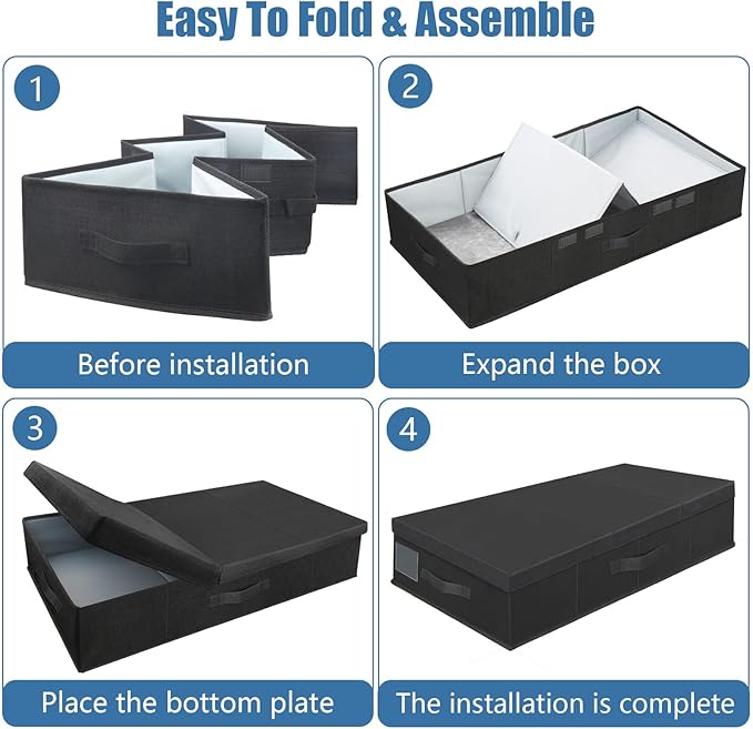 Supowin Underbed Storage Containers Bin with Lids (Set of 2) Large Under Bed Storage Organizer Box with Handle Foldable Under the Storage Bags for Organizing Clothes Shoes Blankets Pillows-Black
