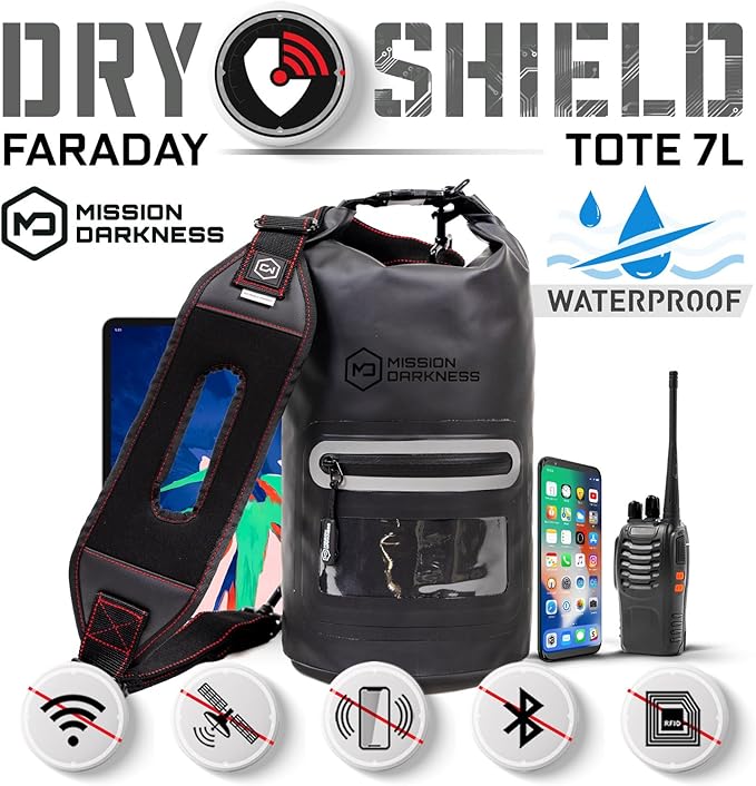 Mission Darkness Dry Shield Faraday Tote 7L Capacity // Waterproof Dry Bag for Electronic Device Security &amp Transport Signal Blocking Anti-Tracking EMP Shield Data Privacy Fits Phones Tablets Radi