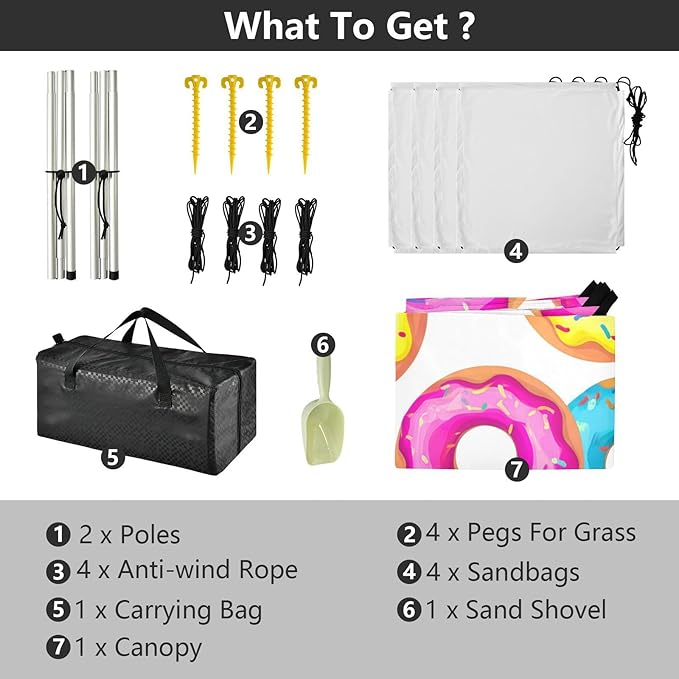 Beach Canopy with Windproof Ropes &amp Sandbags Beach Tent Sun Shade Sun Shelter for Camping Trips Fishing Backyard Fun or Picnics Donuts