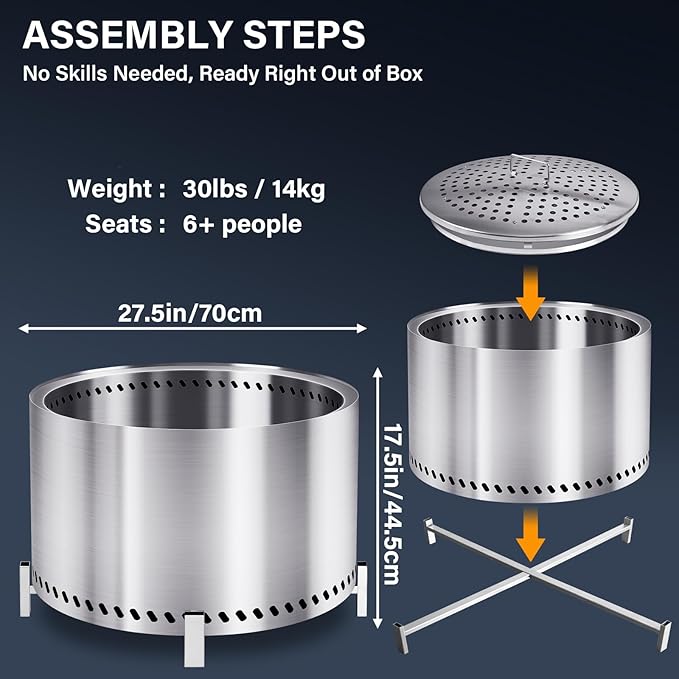 HGD 28 Inch Smokeless Firepit Large Stainless Steel Fire Pit Wood Burning Firepit for Patio Garden Picnic