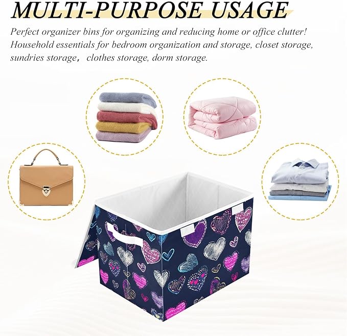 Cartoon Heart Storage Cube Bins Basket with Lid Collapsible Flip-top Fabric with Handle for Home Bedroom Closet Office 16.5×12.6×11.8 in