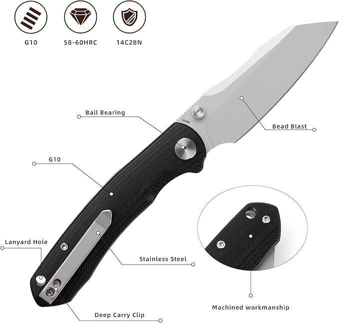 Folding Pocket Knife 3.35 14C28N Blade G10 Handle EDC Knife with Liner Lock Small Pocket Knife with Clip for Men Sharp Camping Hiking Hunting Survival Knives (Silver)