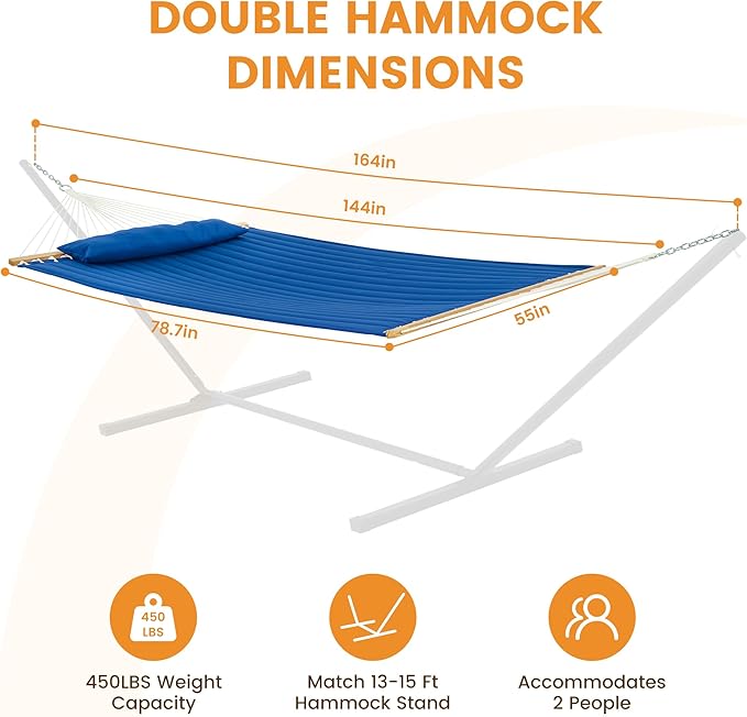Lazy Daze 12 FT Double Quilted Fabric Hammock with Spreader Bars and Detachable Pillow 2 Person Hammock for Outdoor Patio Backyard Poolside 450 LBS Weight Capacity Dark Blue/Natural
