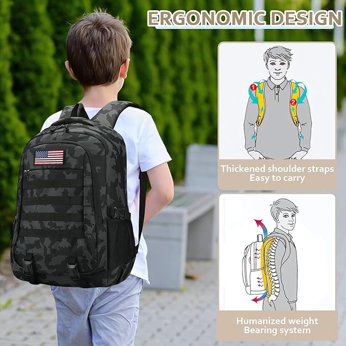 19'' Camo Backpack for Boys - Waterproof Tactical Bookbag for 15.6 Laptop Sleeve &amp MOLLE System for School Camping Travel