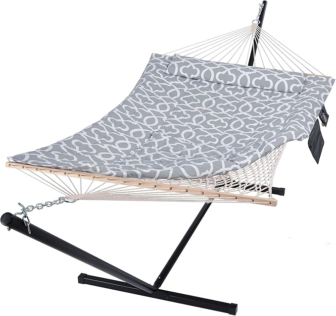 SUNCREAT Outdoor Double Hammock with Stand Two Person Cotton Rope Hammock with Polyester Pad Circle Pattern