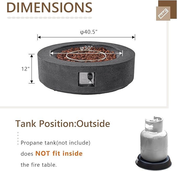 COSIEST 42 inch Outdoor Propane Fire Pit Coffee Table w Concrete Round Base Patio Heater 50000 BTU Stainless Steel Burner Free Lava Rocks Rain Cover Gray