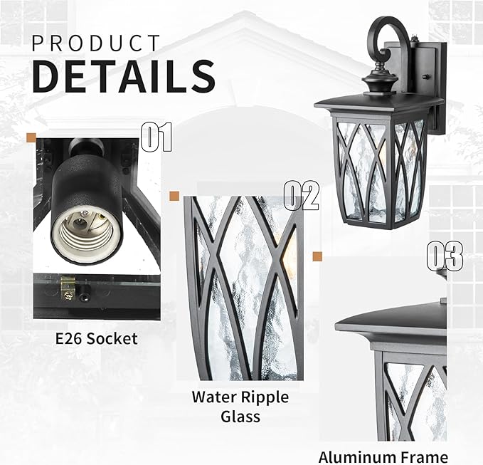 JYZ Dusk to Dawn Outdoor Wall Lantern Craftsman Style Exterior Sconce Light with Water Ripple Glass Traditional Porch Light Fixture Wall Mount Lamp for Front Porch Doorway Garage Patio Garden 14''