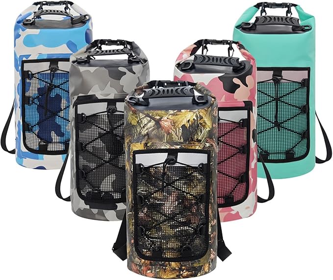 Waterproof Dry Bag Backpack with Mesh Pocket Storage Bag Versatile for Hiking Camping Kayaking Rafting Swimming Blue