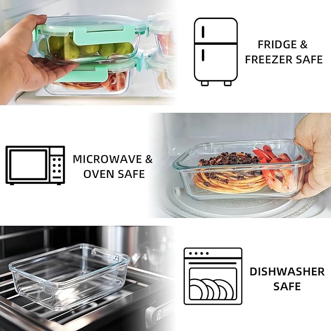 10 Pack 22 oz Glass Meal Prep Containers Food Storage Containers with Lids Airtight Leakproof Lunch Containers for Kitchen Freezer Microwave Dishwasher Safe (Mint Green)
