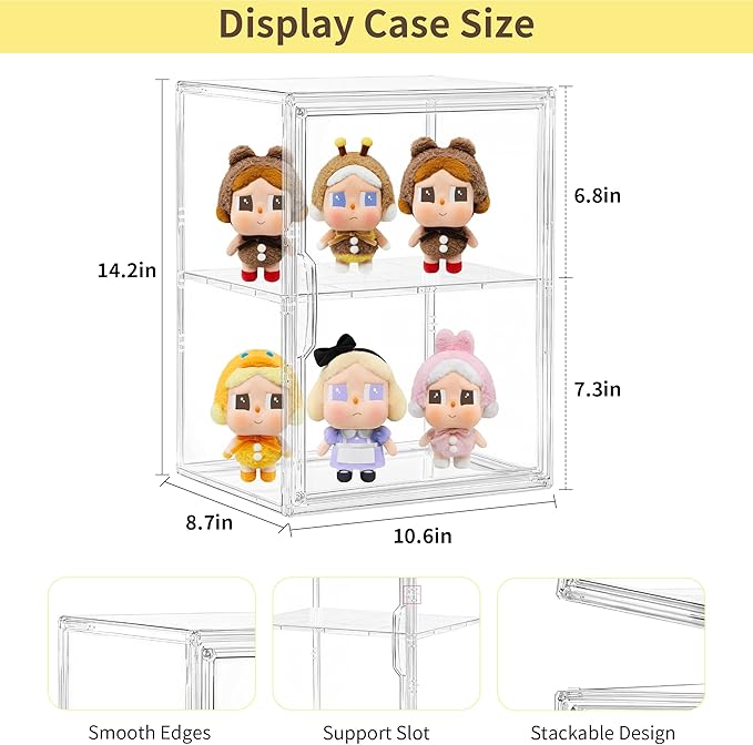 Acrylic Display Case 2 Tier Clear Plastic Stackable Storage Bins with Magnetic Lids Figure Display Case for Collectibles Cosmetic Acrylic Box 2 Pack LXLXXL
