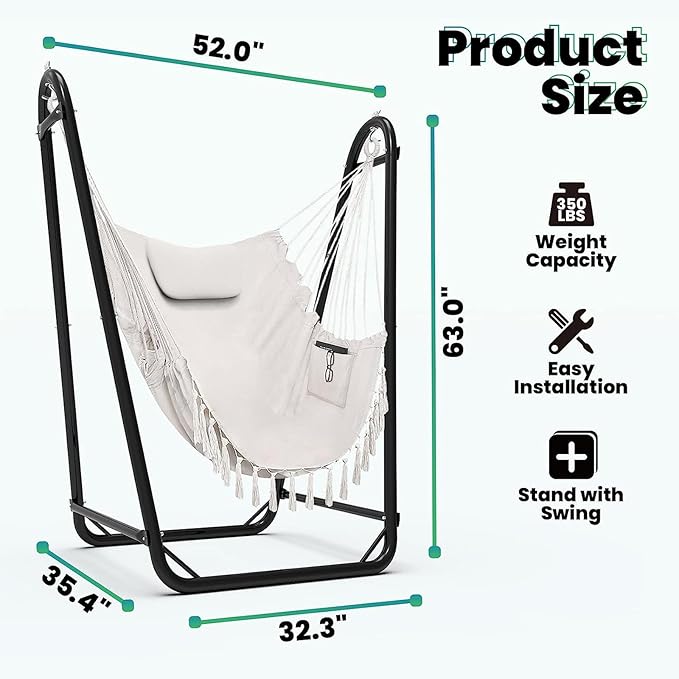 Hammock Chair with StandHeavy-Duty Hanging Chair with Stand for Indoor OutdoorSturdy Swing Chair Stand Max Load 350 pounds(Hammock Chair Included)