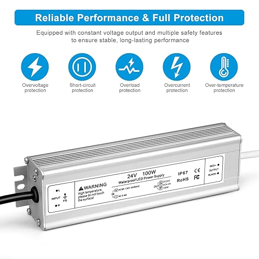 24V 100W LED Power Supply IP67 Waterproof LED Driver AC 110V to DC 24 Volt 4.2A Low Voltage Transformer Converter for Outdoor LED Strip &amp Landscape Lighting 3-Prong Plug with 3.3FT Cable