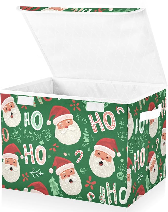 Christmas Santa Claus Green Storage Box with Lid 1 PC Foldable Storage Bin with Lids Stackable Storage Bins Cube Closet Organizer Basket with Flip-Top Lid &amp Handles for Shoes Books Towels