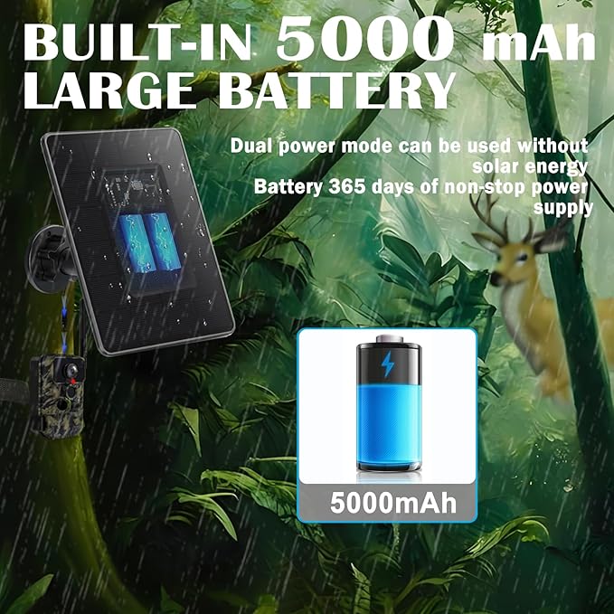 Trail Camera Solar Panel Mini Solar Battery Charger DC 12V/1A 6V/1.5A &amp USB-C Build-in 5000mAh Rechargeable Lithium Battery IP66 Waterproof Hunting Accessory 10ft Cable 6.7 Lx4.6 Wx1.25 H