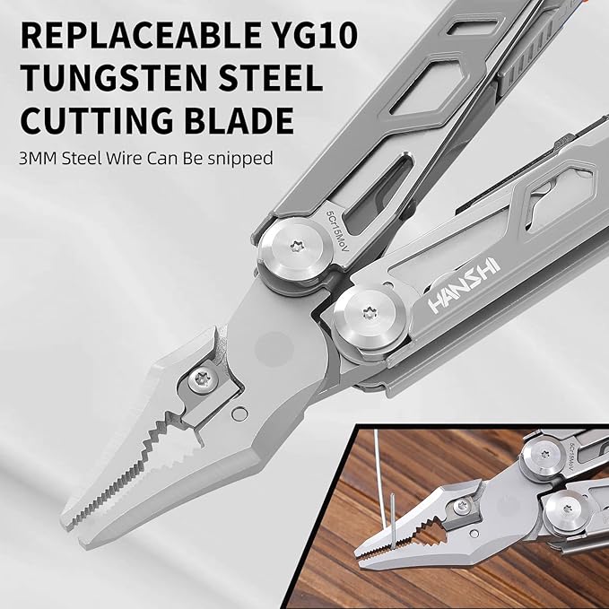 HANSHI Multitool Pliers 22-in-1 YG10 Tungsten Steel Multi Tool with ScissorsReplaceable Wire Cutters Flint Window Breaker Back ClipIdeal for Camping Survival and Gift(Silver)