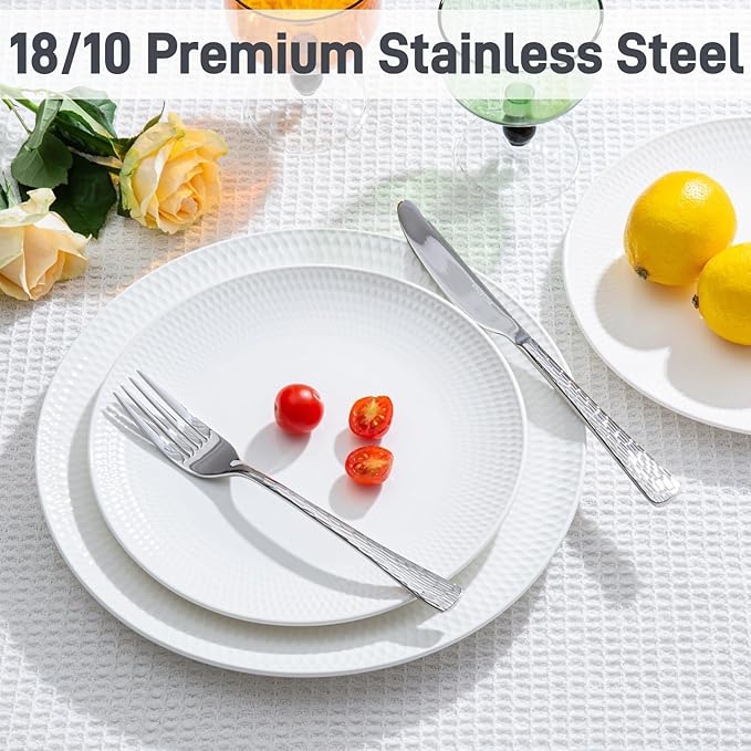 KINGSTONE Hammered Silverware Set 40-Piece Flatware Set 18/10 Stainless Steel Premium Cutlery with Unique Ripple Handles Design Mirror Polished - Dishwasher Safe