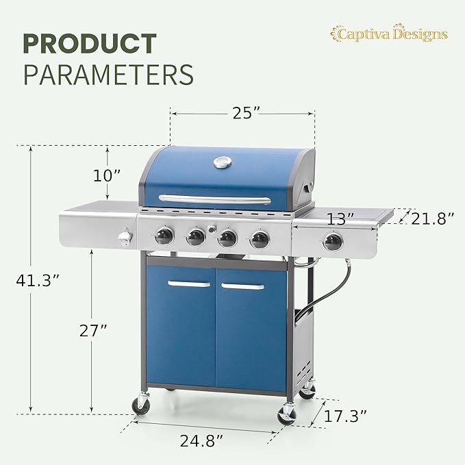 Captiva Designs 4-Burner Propane Gas BBQ Grill with Side Burner &amp Porcelain-Enameled Cast Iron Grates 42000 BTU Output Barbeque Grill for Outdoor Cooking Kitchen and Patio Backyard Barbecue Blu