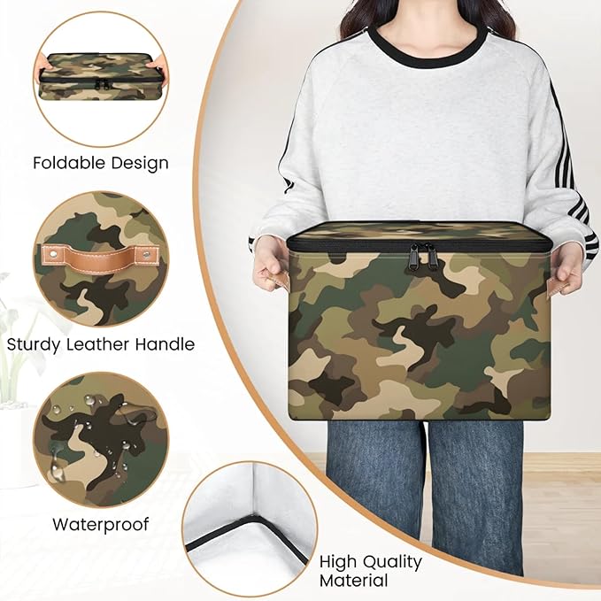 Storage Bins with Lids Brown Green Camo Storage Basket Clothes Organizer with Handles Closet Storage Containers for Clothing Bedding Blanket