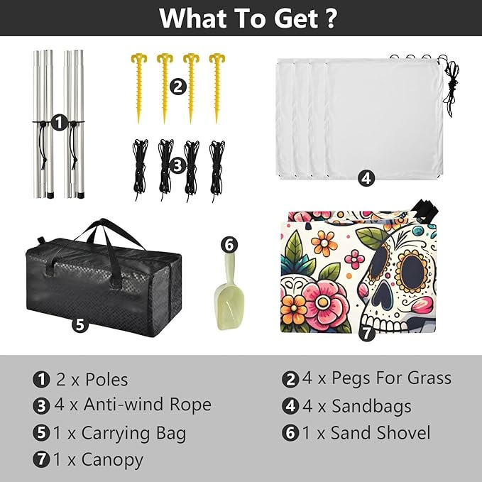 ALAZA Sugar Skull Day of Dead Flower Beach Tent Sun Shelter UPF50+ Protection Beach Shade Canopy w/ 4 Sandbags for Outdoor Camping Fishing Backyard Fun Picnic 10x9 ft