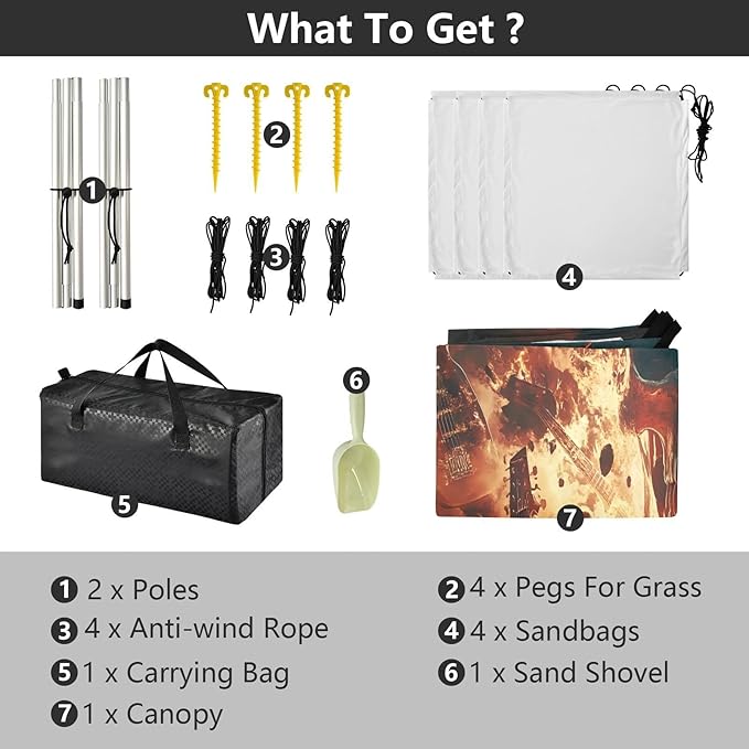 Flaming Guitar Skull Rock Beach Tent Sun Shelter Set UPF50+ UV Protection 10.5 x 9.19 FT Camping Shade Canopy with Sandbags Sand Anchors Carrying Bag and Others