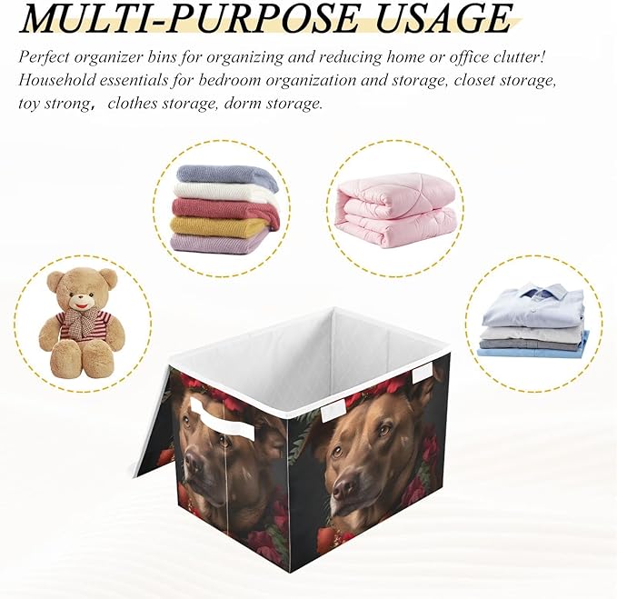 Red Floral Dog Storage Cube with Lid Collapsible Flip-top locker Fabric Storage Bins Basket with Handle for Home Bedroom Closet Office 16.5×12.6×11.8 in
