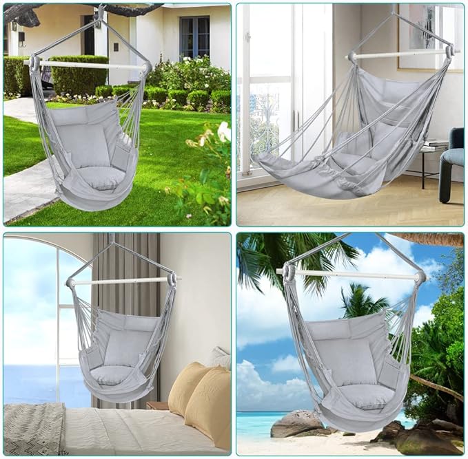 Outerman Hammock Chair Hanging Chair with 3 Cushions and Foot Rest Support Sturdy Metal Spreader Bar Max 440 Lbs Swing Chair for Bedroom Indoor &amp Outdoor Patio Porch or Tree（Gray）