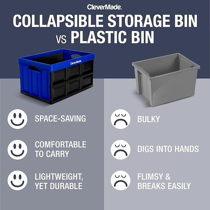 CleverMade Collapsible Storage Bins - Obsidian 3 Pack 46L - Stackable Containers Heavy Duty Capacity Folding Crates - Space-Saving for Home