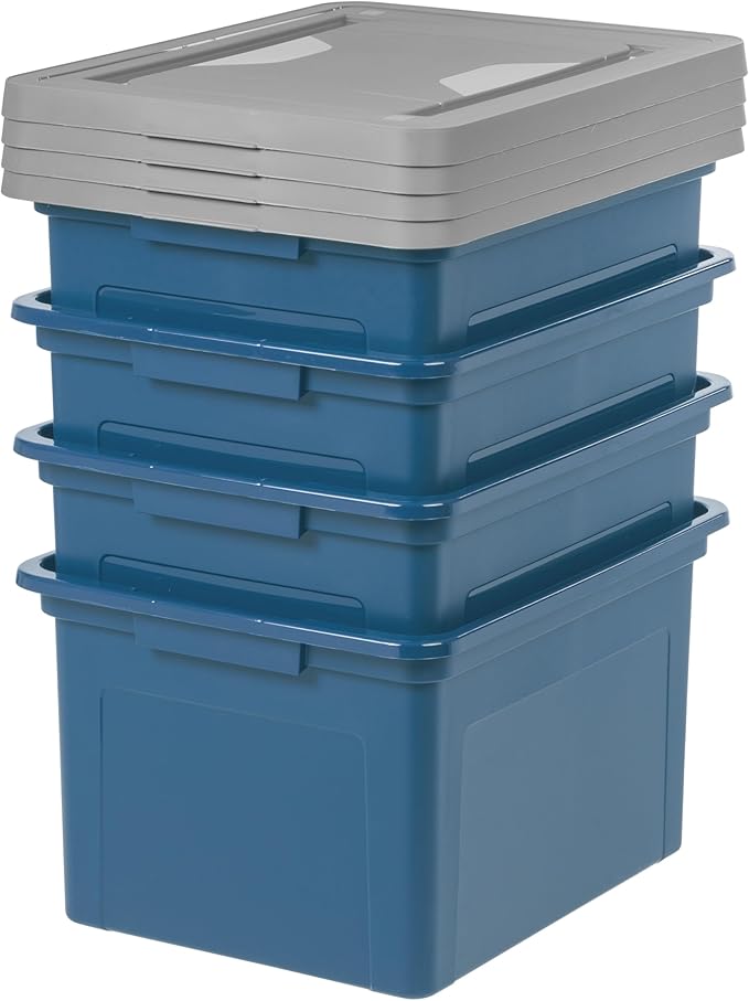 IRIS USA File Box Plastic File Organizer for Letter/Legal File Document Box Durable Storage Bin Tote with Secure Latching Lid Stackable BPA-Free Eco Friendly Sustainable Navy/Gray 35 Qt. 4 Pack