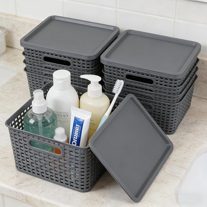 6 Pack Plastic Storage Bins with Lids Stackable Storage Baskets with Handles Plastic Organizer Container Bins for DeskShelvesOffice Pantry Organizers and Storage Grey