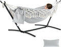 PNAEUT Handmade Tassel Hammocks Double Hammock with Stand for Outside Max 450 lbs Capacity Pillow &amp Storage Bag Included (Grey)