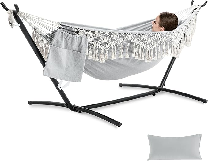 PNAEUT Handmade Tassel Hammocks Double Hammock with Stand for Outside Max 450 lbs Capacity Pillow &amp Storage Bag Included (Grey)