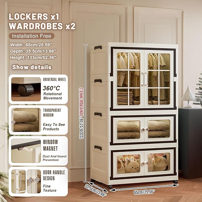 SunSettler Stackable Plastic Storage Cabinet with Transparent Windows Collapsible Closet Organizer with Wheels (2+1)