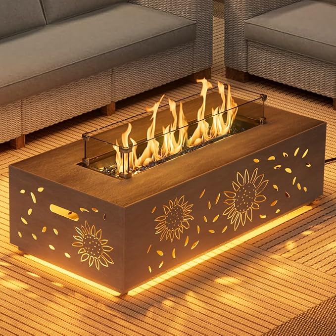 2-Piece 42 LED Rectangular Propane Fire Pit for Outside Patio with Hidden Tank Table 50000 BTU Fireplaces with Glass Wind Guard Lid Glass Rocks Cover(Sunflower w/Warm Light)