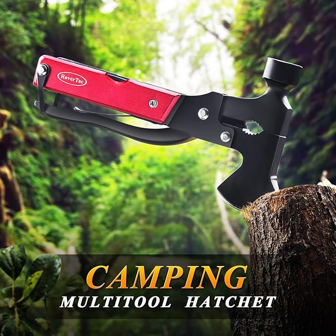 RoverTac 14-in-1 Multitool Camping Axe Hatchet – Essential Camping Gear with Knife Hammer Saw Bottle Opener Screwdriver – Multi Tool with Sheath – Gifts for Men Dad and Outdoor Adventures