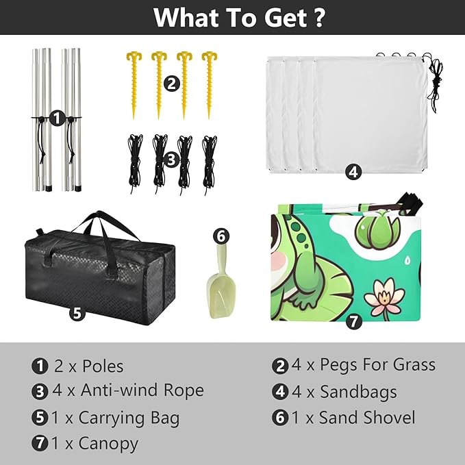 Cute Frogs Green Beach Tent Sun Shelter Set UPF50+ UV Protection 10.5 x 9.19 FT Camping Shade Canopy with Sandbags Sand Anchors Carrying Bag and Others