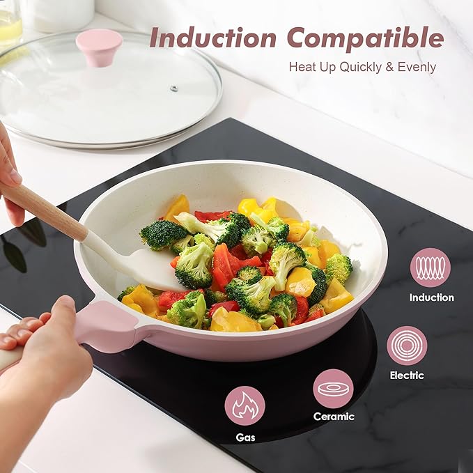 SENSARTE Nonstick Ceramic Frying Pan with Lid 12.5 Inch Cooking Pan Skillet Free of Intentionally Added PFAS/PTFE Non-toxic Chef's Pan Induction Compatible Pan Heat Resistant Handle Sakura Pink