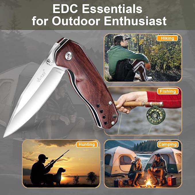 Vickay Pocket Knife for Men Folding Knife for Women with Clip 2.9inch 8Cr13MoV Steel Blade Wood Handle EDC Knife for Camping Tactical Hunting Camping Hiking and Everyday Carry