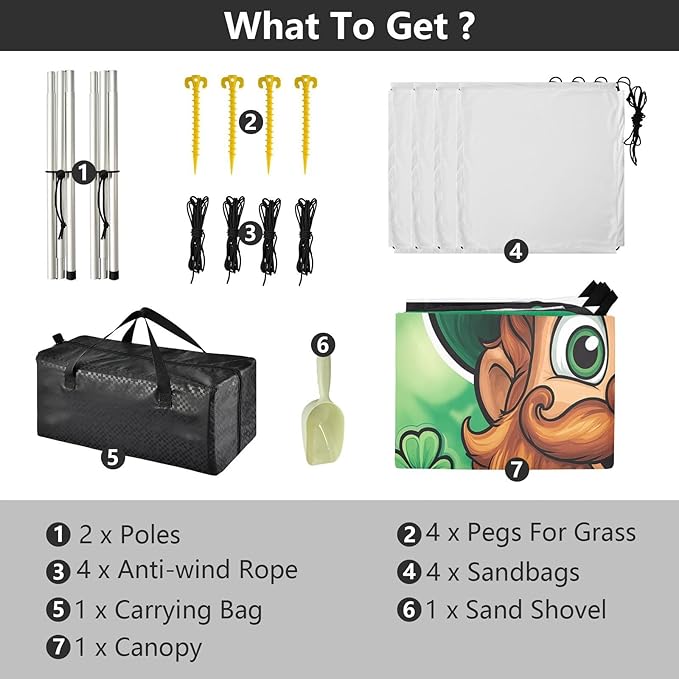 St Patrick's Day Cartoon Leprechaun Beach Tent Sun Shelter Set UPF50+ UV Protection 10.5 x 9.19 FT Camping Shade Canopy with Sandbags Sand Anchors Carrying Bag and Others