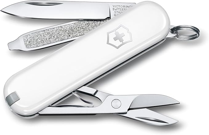 Victorinox Classic SD Swiss Army Knife Compact 7 Functions Swiss Made Pocket Knife with Small Blade Screwdriver and Key Ring - Falling Snow (White)