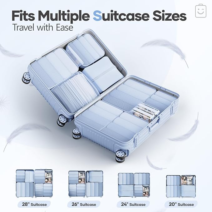 Veken 11 Set Compression Packing Cubes for Travel EssentialsCompressible Expandable Large Luggage Suitcase Organizer Bags for ClothingDurable Space Saver Storage Bags with Toiletry Bags(Light Blue)