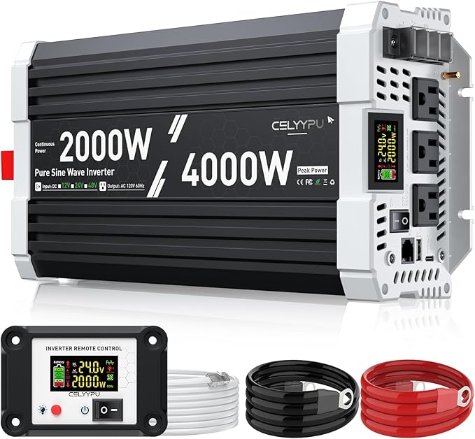 2000 watt Pure sine Wave Inverter 24V DC to 110V AC Power Inverter Used for Solar Emergency Power Supply in RV Homes with 3 AC Output sockets USB Port Type-C Port Remote Control with LCD Screen